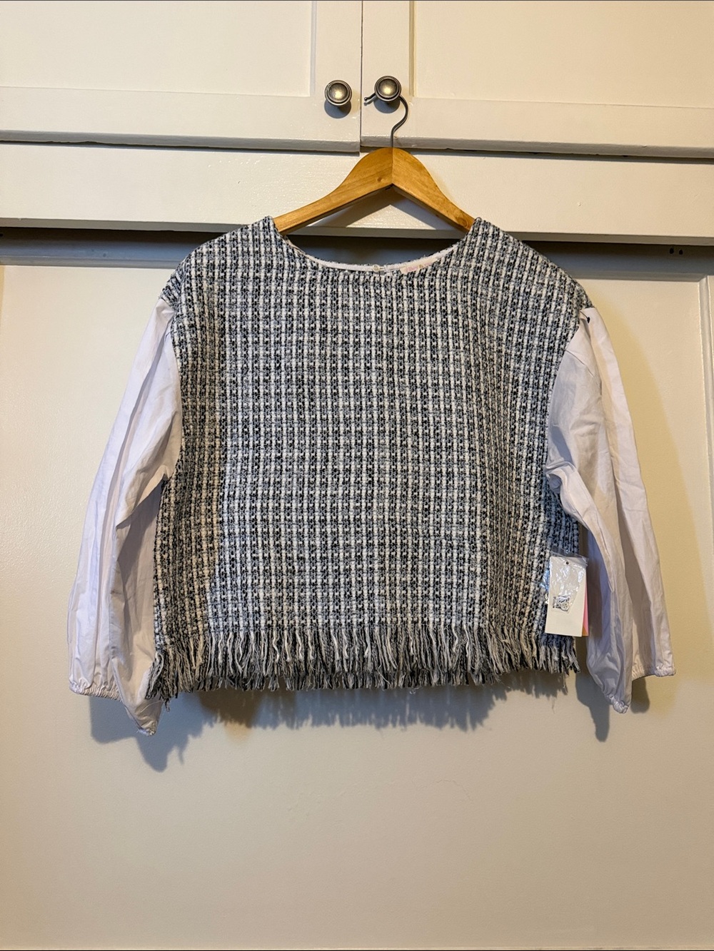 Riley & Rae Black and White Tweed Fringe blouse with White Balloon Sleeves